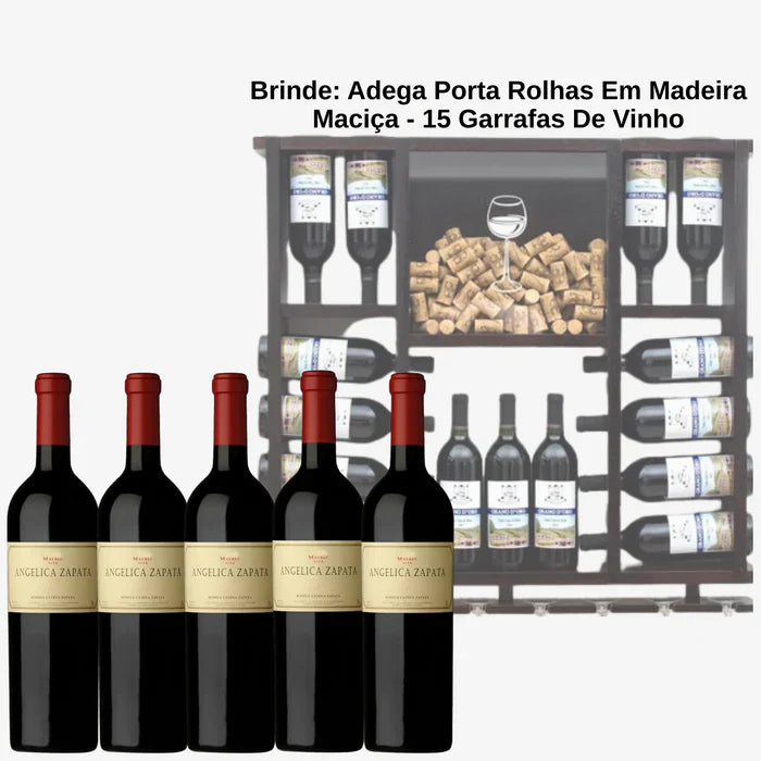 Kit De 6 Vinhos Angélica Zapata Malbec + BRINDE: Adega Porta Rolhas Em Madeira Maciça - Suporte 15 Garrafas De Vinho